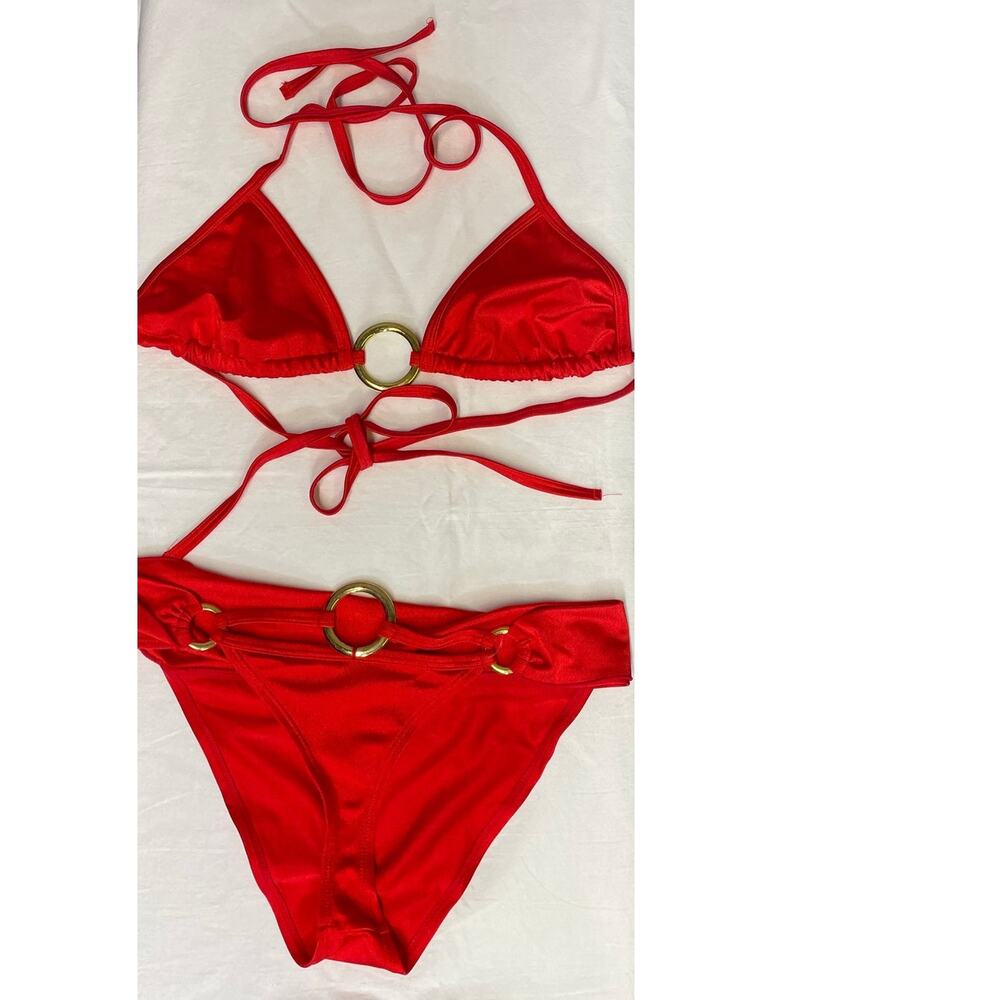 Red Two Piece Bikini Gold Metal Stretchy Size M/L Sexy dream Girl Exotic